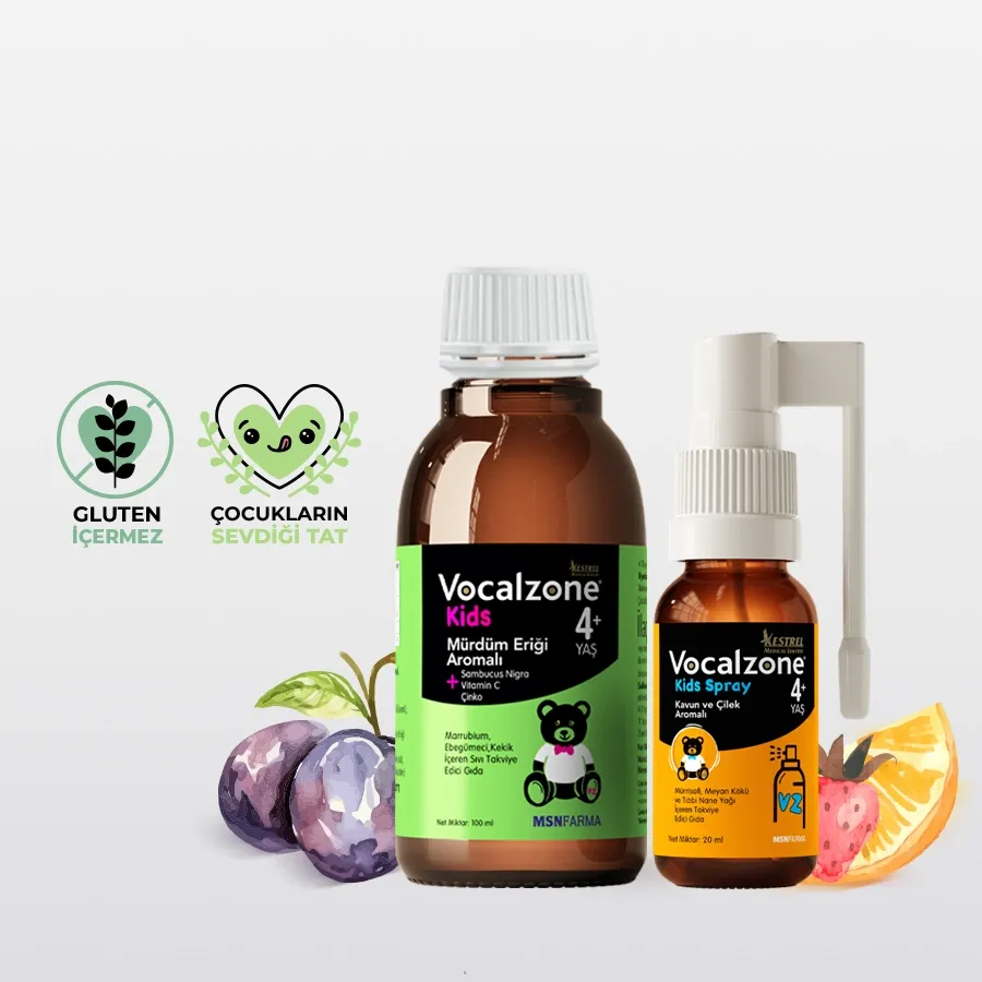 Vocalzone Kids (Çocuk) ürünleri - Vocalzone Kids Şurup ve Vocalzone Kids Sprey. Çocuklar için öksürük şurubu ve boğaz ağrısı ile ses kısıklığına karşı sprey. Güvenli ve doğal içeriklerle formüle edilmiştir.